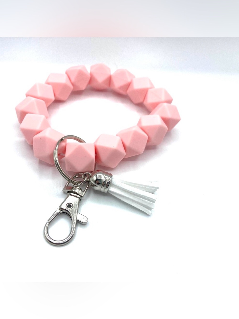 Pink Geometric Beaded Keychain Bracelet with White Tassel